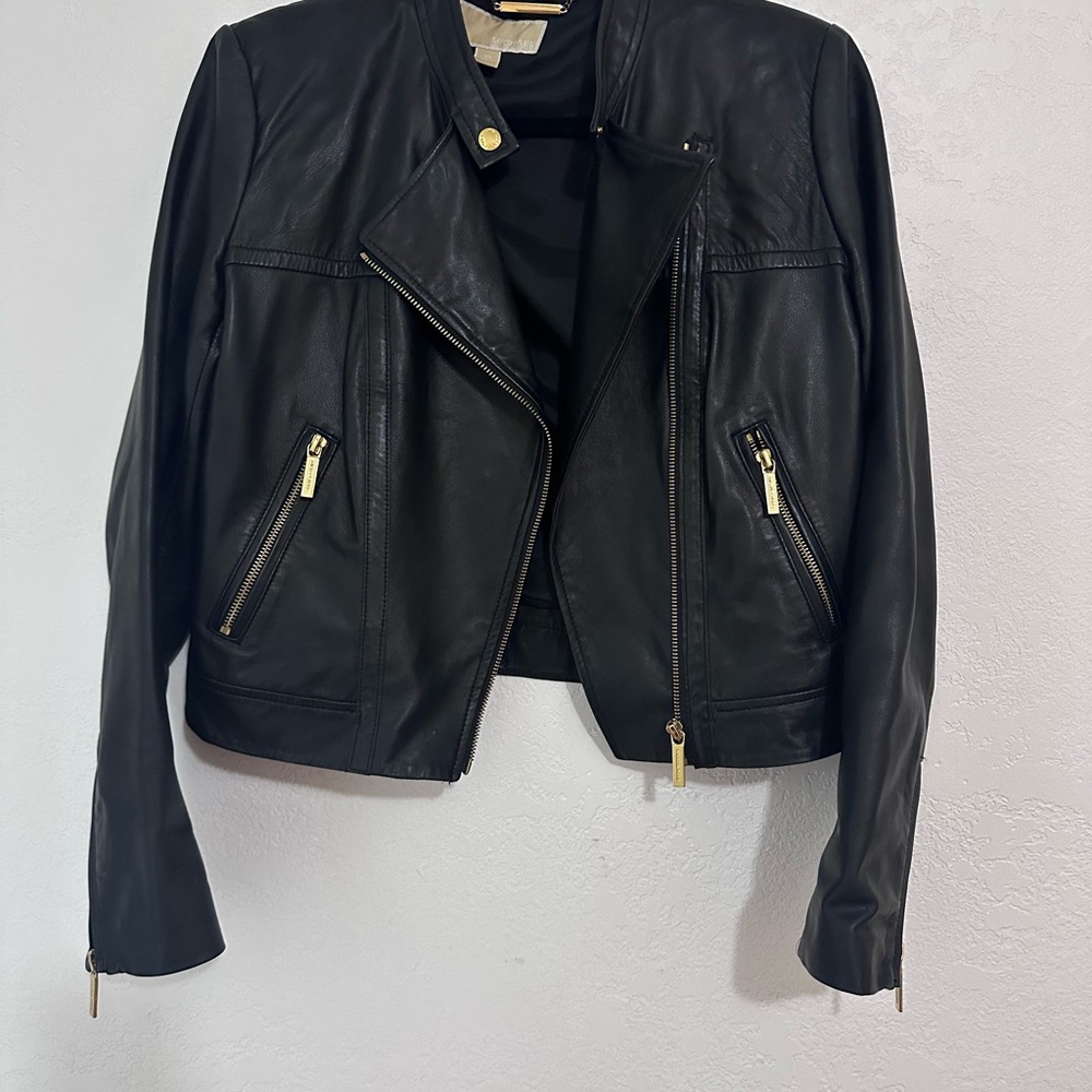 Michael Kors Black Leather Moto Jacket with Gold Hardware - Women